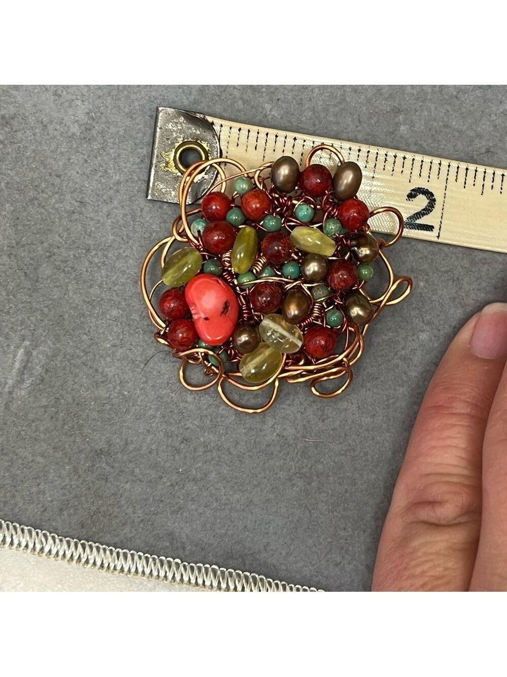 Wire Wrap Multicolor Beaded Brooch Pin Jewelry Handmade Artisan Artsy Art Boho - Picture 5 of 5
